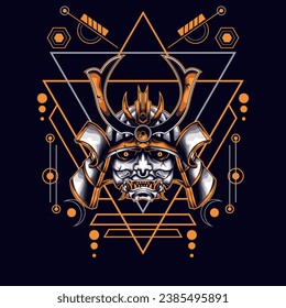 amarillo oni samurai cabeza con ornamento sagrado de geometría Para papel de escritorio, pancarta, camiseta, afiche, hoodie, totebag, fondo, tarjeta, ilustración de libro y página de aterrizaje web