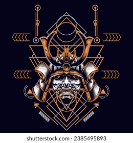 yellow oni samurai head with sacred geometry ornament For Wallpaper, Banner, T-shirt, Poster, Hoodie, Tottebag, Background, Card, Book Illustration, And Web Landing Page