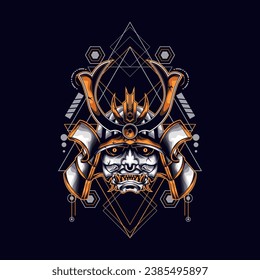 yellow oni samurai head with sacred geometry ornament For Wallpaper, Banner, T-shirt, Poster, Hoodie, Tottebag, Background, Card, Book Illustration, And Web Landing Page