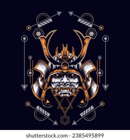 amarillo oni samurai cabeza con ornamento sagrado de geometría Para papel de escritorio, pancarta, camiseta, afiche, hoodie, totebag, fondo, tarjeta, ilustración de libro y página de aterrizaje web
