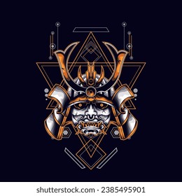 yellow oni samurai head with sacred geometry ornament For Wallpaper, Banner, T-shirt, Poster, Hoodie, Tottebag, Background, Card, Book Illustration, And Web Landing Page
