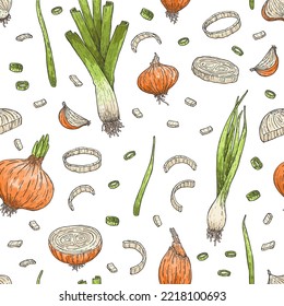 Cebolla amarilla, puerro verde, anillos de cebolla y rodajas. Patrón sin fisuras dibujado a mano. Esbozo. Ilustración vectorial. Doodle. Verduras frescas y orgánicas del jardín. Alimentos saludables con vitaminas. Hierbas, especias