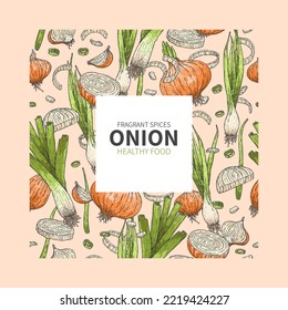 Yellow onion, green leek, onion rings, slices. Banner. Hand-drawn seamless pattern. Sketch. Vector illustration. Doodle. Fresh, organic vegetables from the garden. Healthy food with vitamins. Spices.