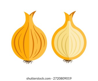 Cebolla amarilla y mitad con capas, iconos editables establecidos. Ilustración vectorial
