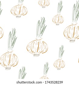 yellow onion seamless pattern. organic products. eco garden. package design for vegetables. Pattern for walls and merchandise store. vector eps 10. rustic products. vitamins. vegetarian food.