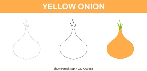 Yellow Onion tracing and coloring worksheet for kids