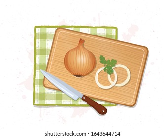 Yellow Onion vector illustration on wooden chopping board 