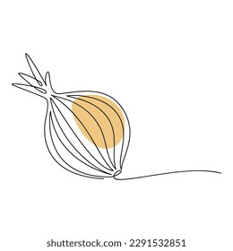 Yellow onion vector. Line continuous hand drawn illustration. Vegetable outline icon. Garden plant. Minimal linear silhouette. Graphic design, print, banner, card, brochure, cartoon sign, doodle.