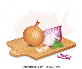 Yellow onion vegetable vector illustration with half piece of red onion and garlic cloves on a wooden chopping board