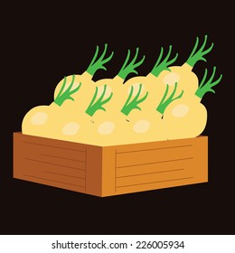 yellow onion in a wooden crate. vector illustration