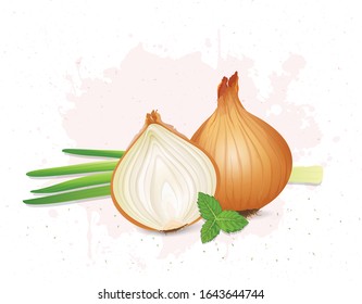 yellow onions with green leaves vector illustration