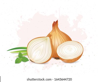 Yellow Onions with half pieces of onion and mint leaves