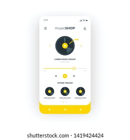 Yellow Online Music Shopping UI, UX, GUI screen for mobile apps design. Modern responsive user interface design of mobile applications including Online Music Download screen