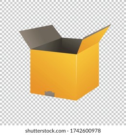 Yellow open carton delivery packaging box on checked transparent background. Vector illustration. Eps 10 vector file.