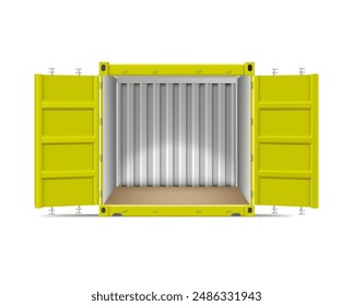 Yellow open empty 3D cargo container, front view. Steel container for storage, transportation and logistics. Vector illustration on a white background