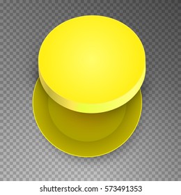 Yellow open empty round cardboard box isolated on transparent background. Mockup template for design products, package, branding, advertising. Top view. Vector illustration.