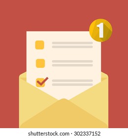 Yellow open envelope with check form and notification. Vector illustration.