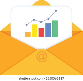 A yellow open envelope with a data chart emerging from it. The chart combines a line graph and bar graph, symbolizing a business or email marketing report.