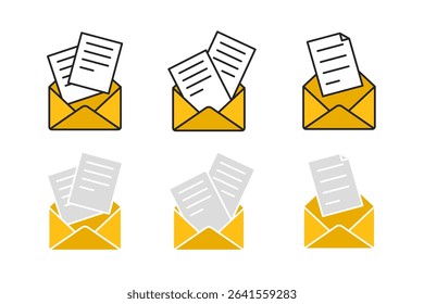 Yellow Open Envelope with Document Icon Set – Mail with Letter Vector Illustration