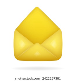 Yellow open envelope. Glossy 3d icon. Template for a new message or mail	
