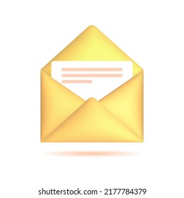 Yellow open envelope with a letter. New message 3d vector icon for mobile app, web site, social media isolated on white background.