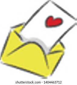 A yellow open envelope with a piece of paper with a heart inside, vector, color drawing or illustration. 