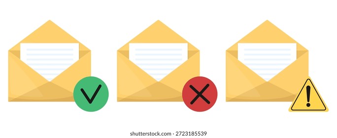 Sobres abiertos amarillos marcados con marca de verificación, cruz y signo de exclamación. Notificación de carta. Símbolo de atención. Correspondencia permitida o rechazada. Seguridad del correo electrónico. Mensaje prohibido. Conjunto de iconos vectoriales