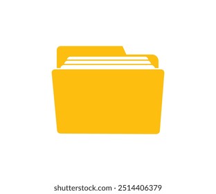 Yellow open file folder with documents icon. Documents directory. Desktop icon. Flat open folder icon for paper design vector design and illustration. 
