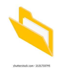 Yellow open folder with paper document inside isometric vector illustration. Business education file document storage archive cyberspace organizing isolated. Information note directory blank