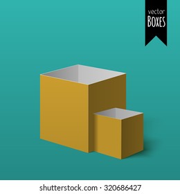 Yellow open isometric colorful boxes isolated on the light background. Open isometric gift boxes. Delivery isometric box. Set of gift isometric boxes. Parcel isometric box. Package box. Surprise boxes
