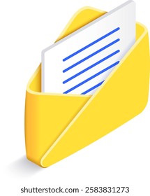 Yellow open isometric envelope containing letter with blue lines is sending a message, representing communication, messaging, email, and online correspondence