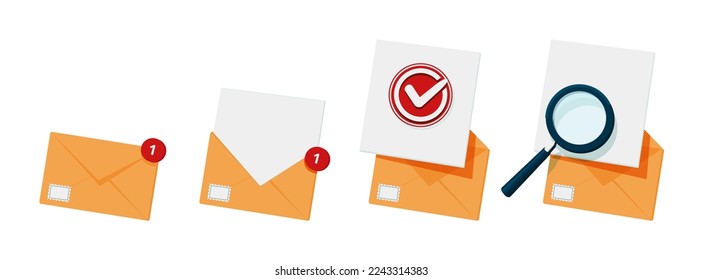 Yellow open mail envelope icon with new message marker isolated on white background. Email notification with letters, checkmark and magnifying glass icons. Cartoon vector