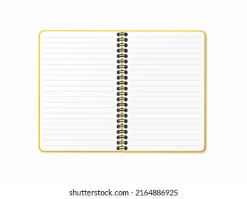 Yellow open notebook with vertical spiral. Blank sheets in a line. Vector illustration on a white isolated background. Realistic 3D mock up.