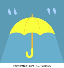 Yellow open umbrella on blue sky. Raindrops in the form of quotes. Vector illustration for weather forecast, news, prints
