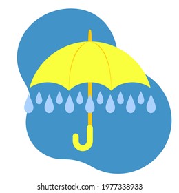 Yellow open umbrella on blue sky. Raindrops in rain. Vector illustration
