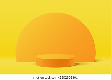 Yellow orange 3D abstract minimal scene for mockup product presentation background, Orange cylinder podium for display product and semicircle shape behind, Vector illustration