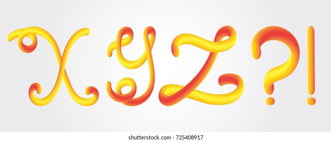 Yellow orange 3D calligraphic hand drawn font isolated on bright background, vector illustration. Capital letters set, handwritten funny curves. Letters X,Y,Z and symbols.