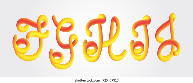 Yellow orange 3D calligraphic hand drawn font isolated on bright background, vector illustration. Capital letters set, handwritten funny curves. Letters F, G, H, I, J.