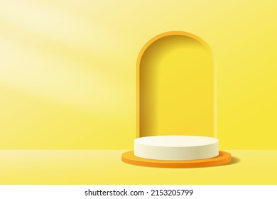 Escena 3D abstracta de color naranja amarillo con podio cilíndrico para mostrar el fondo de la presentación del producto, pared de forma geométrica mínima, ilustración vectorial