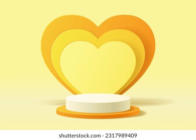 Yellow orange abstract 3D scene for mockup product presentation, Cylindrical podium and overlap heart shape for display product, Vector illustration