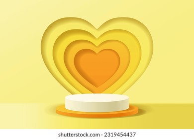 Yellow orange abstract 3D scene for display products background, White cylinder podium showcases product behind a wall through heart shape overlapping, Vector illustration
