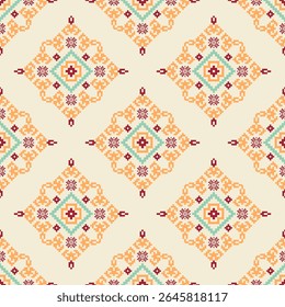 Amarelo e laranja abstrato padrão étnico sem costura em estilo boho. Ornamento étnico tribal. Ornamento vetor ucraniano, fronteira. Bordado ucraniano. Pixel art, vyshyvanka, ponto de cruz.