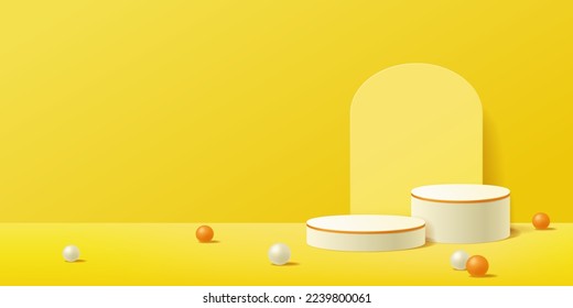 Yellow orange abstract scene background with white 3d cylinder pedestal podium for display product presentation. Minimal geometric shape platform studio, Vector illustration