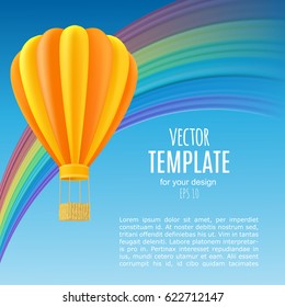 Yellow and orange air ballon with basket fly past rainbow. Template for flyer or poster