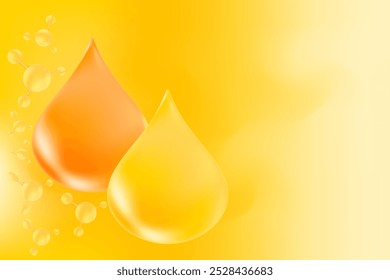 Yellow, orange Argan oil drop or collagen serum droplet molecule formula. Hyaluronic acid chemical formula background with copy space. Beauty treatment nutrition.