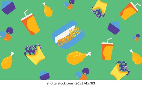 Gelb-orangefarbene Kulisse mit kräftigen Hühnereimern, ganzen Hühnerstücken und verstreuten Hühnerknochen für ein lebendiges Lebensmitteldesign.