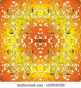 Yellow, orange backdrop with gold trim. Small depth of field. Seamless element woodcarving. Luxury furniture. Furniture in classic style. Pattern on yellow, orange colors with golden elements.
