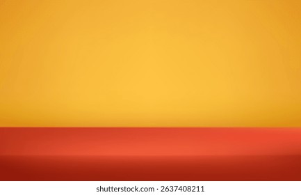 Yellow and orange background. Minimal 3d shelf. Space for displaying products. Empty room with light effect. Vector illustration.