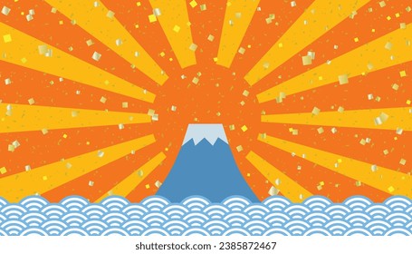 Yellow and orange banner background with gold leaf confetti encrusted with Mount Fuji and the first sunrise of the year