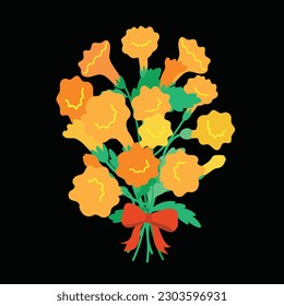 Yellow and orange blooming flowers bouquet with red ribbon on black background.